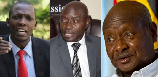 Muwada Nkunyingi, EC boss Simon Byabakama and President Museveni