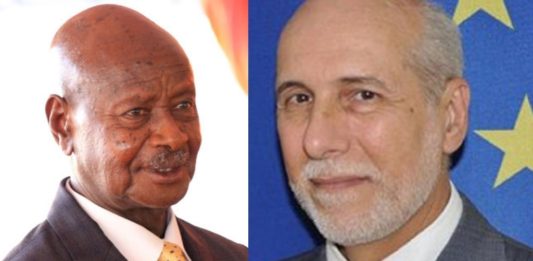 President Yoweri Kaguta Tibuhaburwa Museveni and EU head of delegation to Uganda Attilio Pacifici