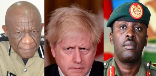Police chief IGP Martins Okoth Ochola, UK Prime Minister Boris Johnson, and Chief of Defence Forces (CDF) Gen David Muhoozi.